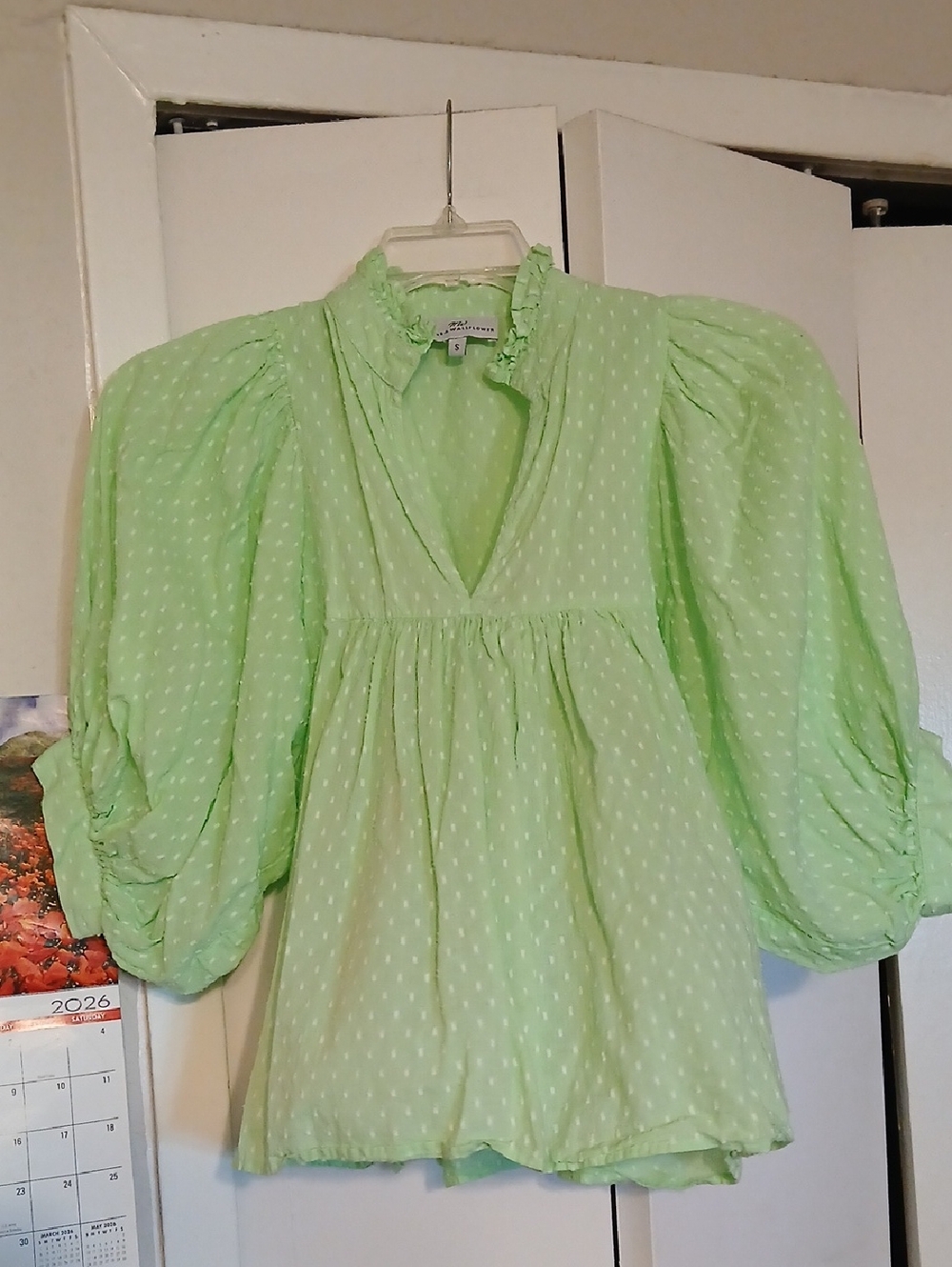 Light Green Puff-Sleeve V-Neck Blouse